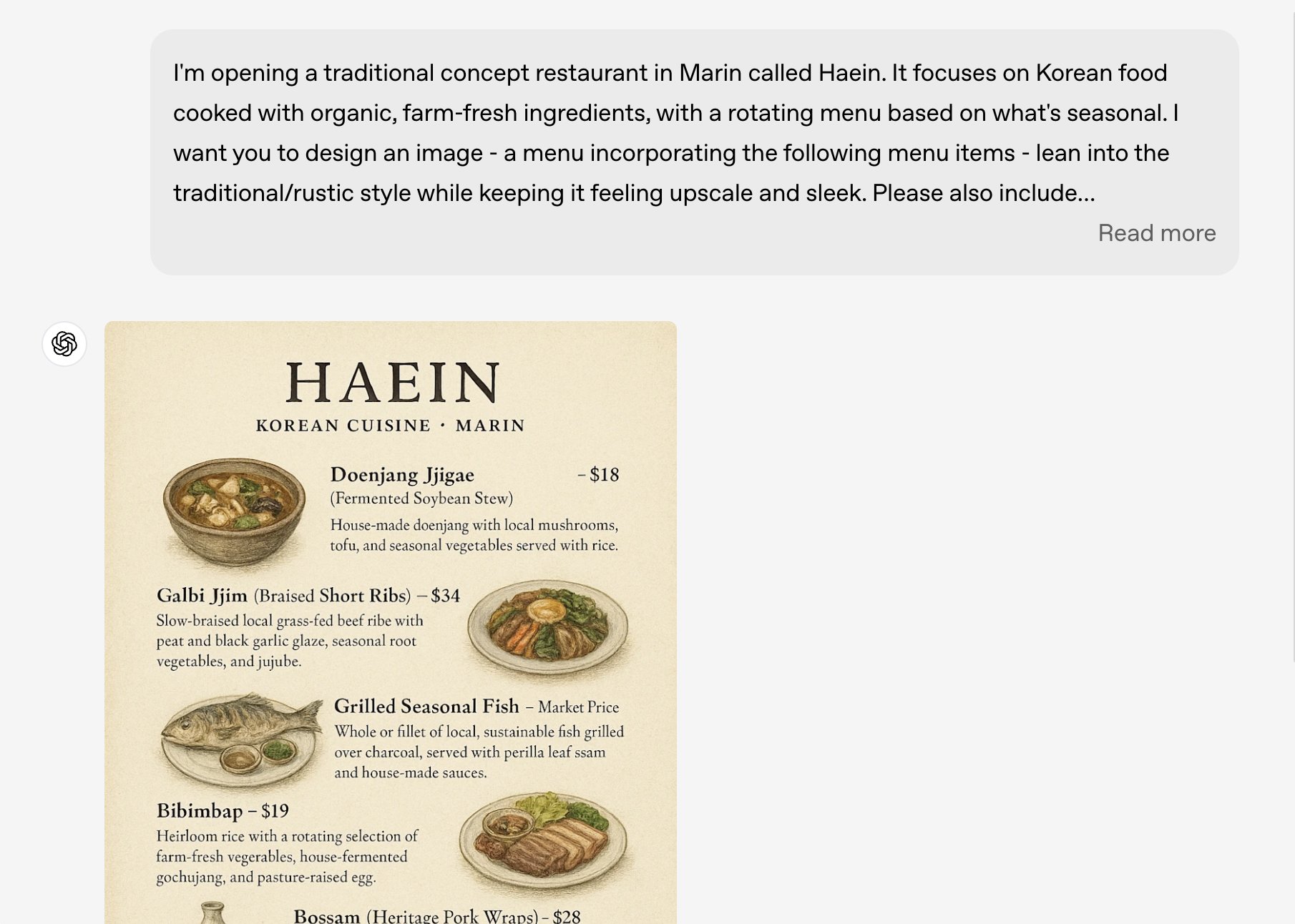 Restaurant Menu for Haein by 4o Image